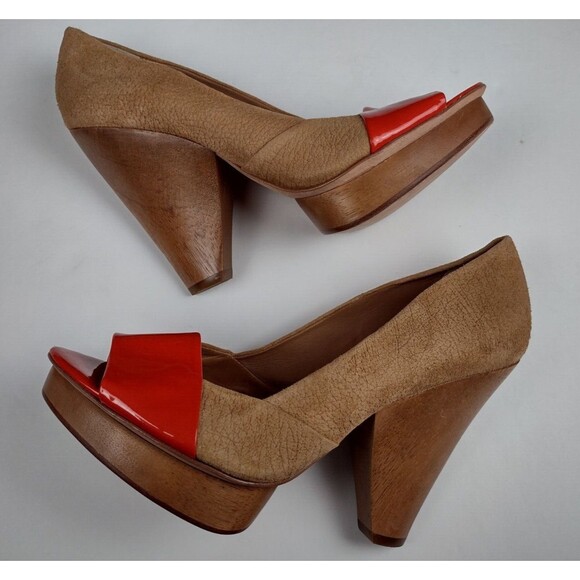 BCBG MAXAZRIA Tan & Orange Leather Platform Heel Pumps Size US 9.5 B Wooden - Picture 3 of 9
